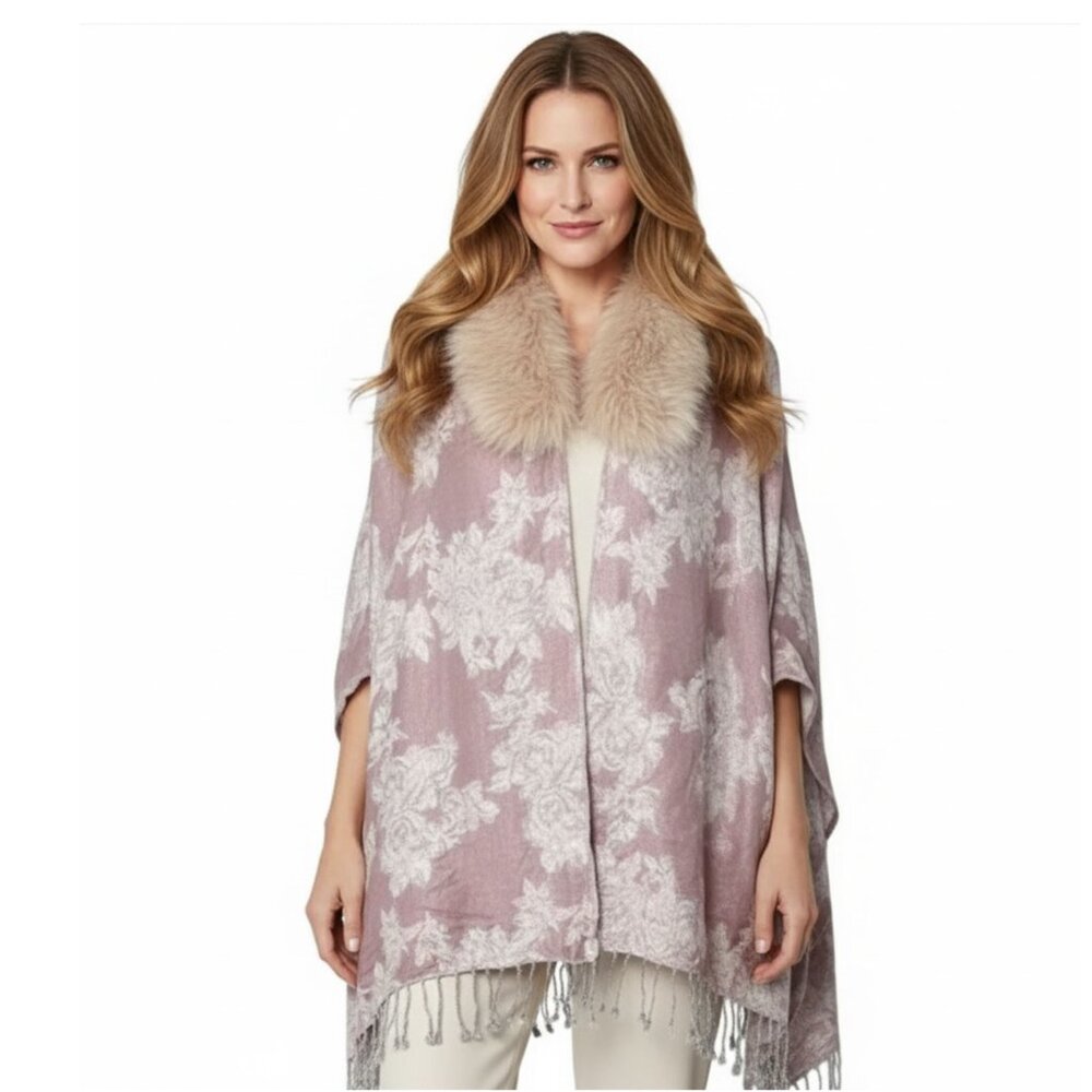 Jessica McClintock Faux Fur Collared Cape Floral Shawl Wrap Waterfall Pink Cream